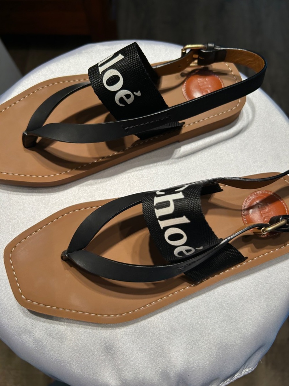 Chloe Logo Black & Tan “Woody” Leather Sandals - Picture 2 of 6